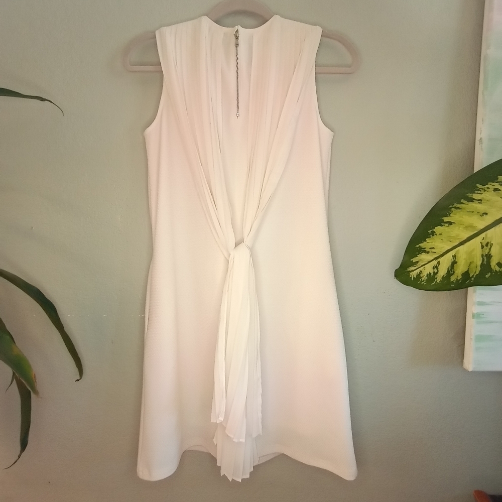 Gracia Flowy Sheath Dress With Pleated Sheer White Draped Knotted Overlay - Picture 8 of 13